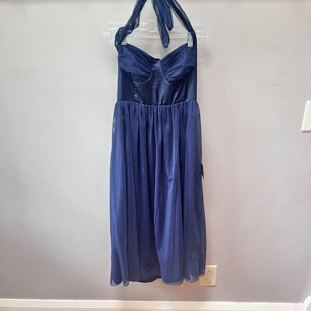 NEW Lulus Navy‎ Blue Halter Dress with Bow & Tulle Overlay Size L